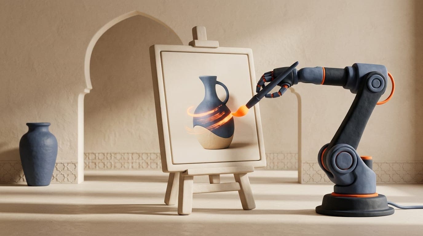 Robotic arm painting a product photo with a glowing brush