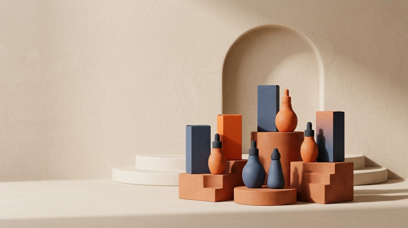 Argan oil bottles and elegant boxes on terracotta pedestals