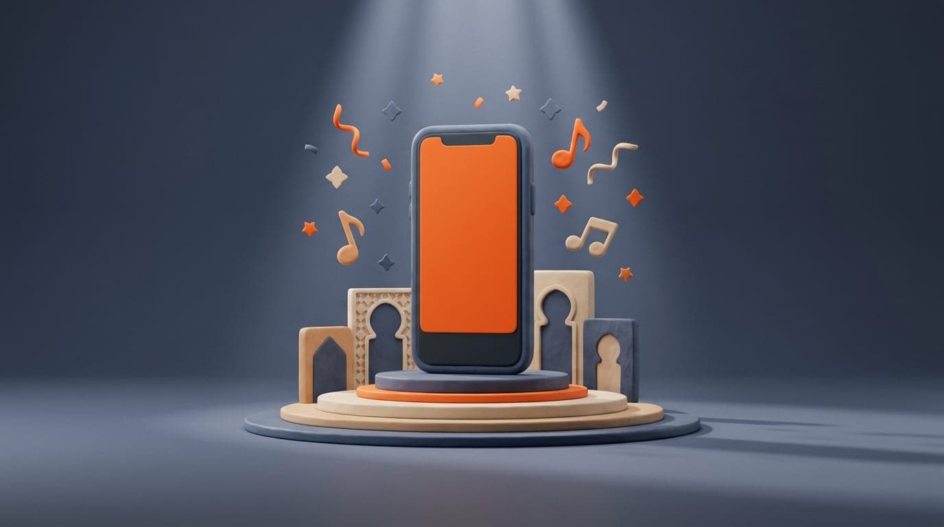 Vertical smartphone on a spotlit stage surrounded by music notes