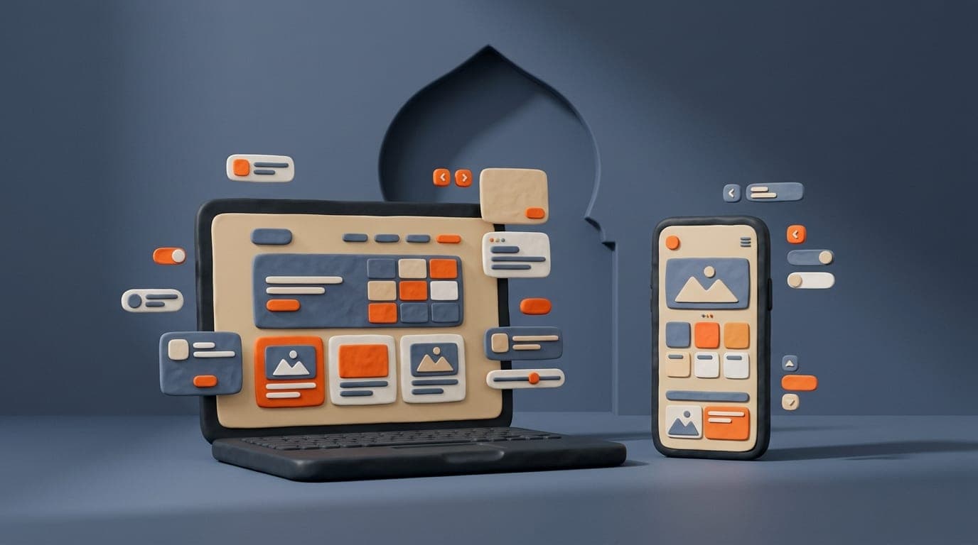 حاسوب محمول وهاتف ذكي يعرضان نماذج مواقع إلكترونية تحيط بهما عناصر واجهة