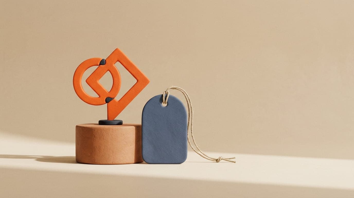 Logo design price in Morocco: an orange logo sculpture next to a price tag
