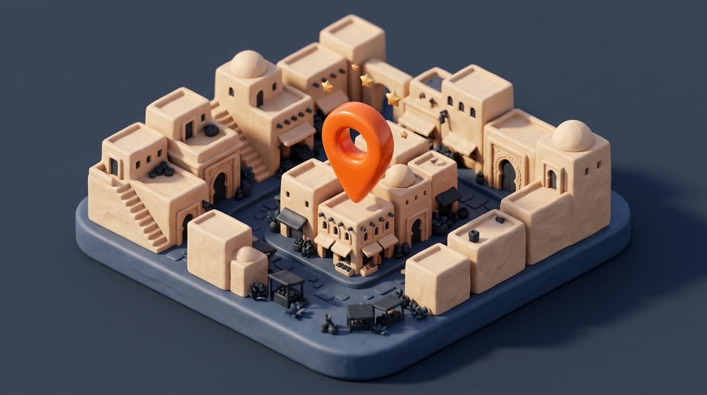 Local SEO in Casablanca: a miniature neighbourhood with a big orange pin above a shop