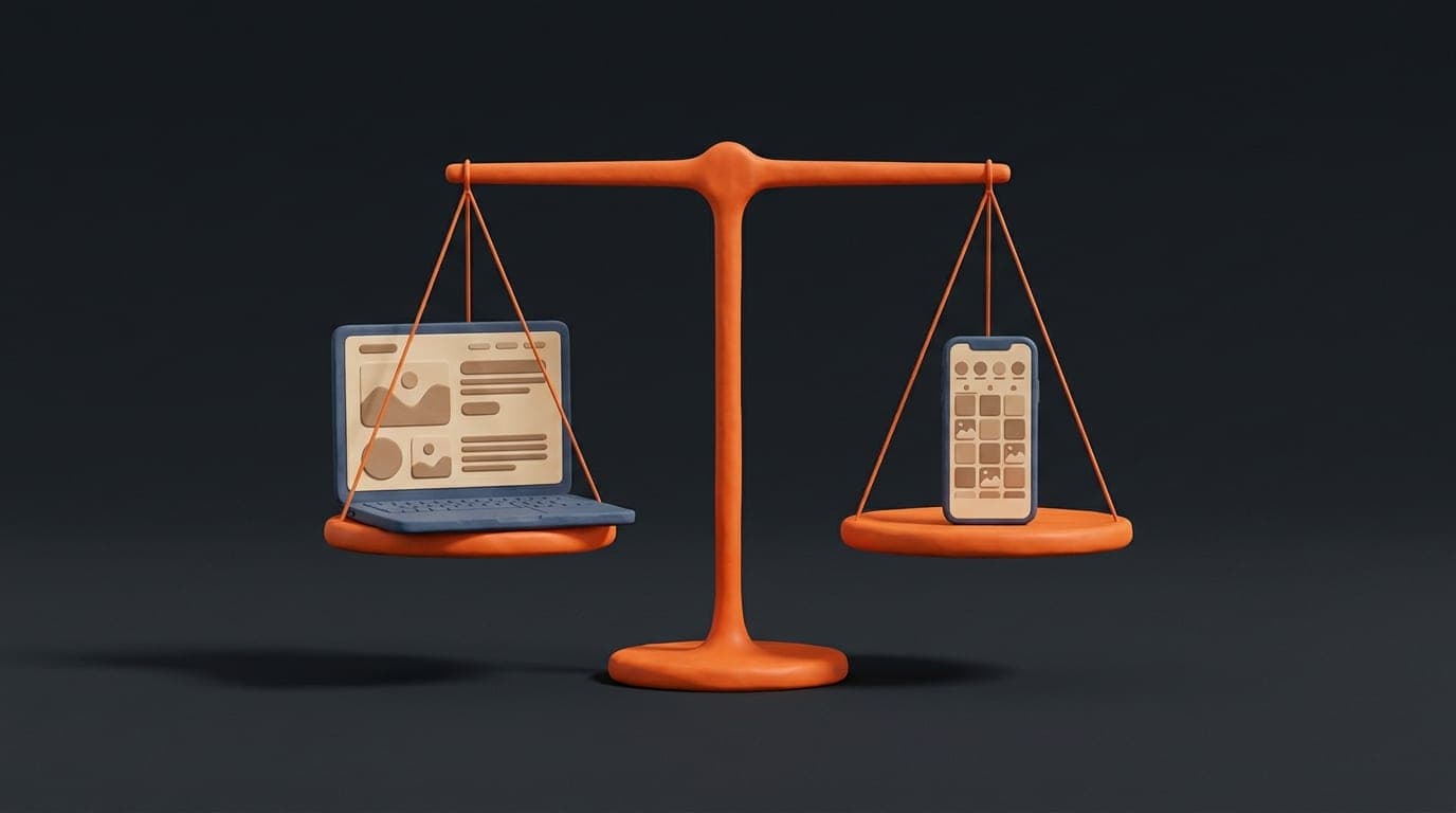 Website or Instagram: a balance scale with a laptop on one side and a smartphone on the other