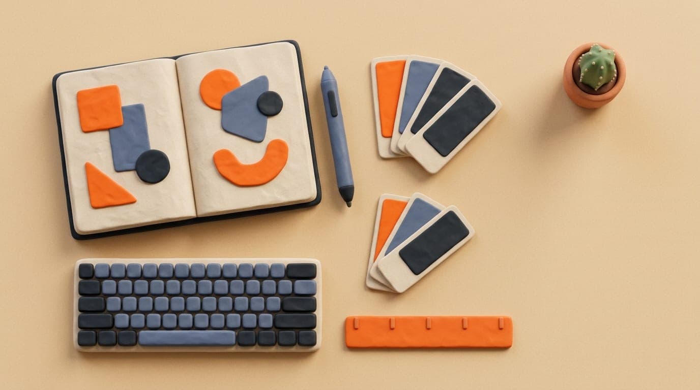Graphic designer's tools: stylus, sketchbook, colour swatches and keyboard