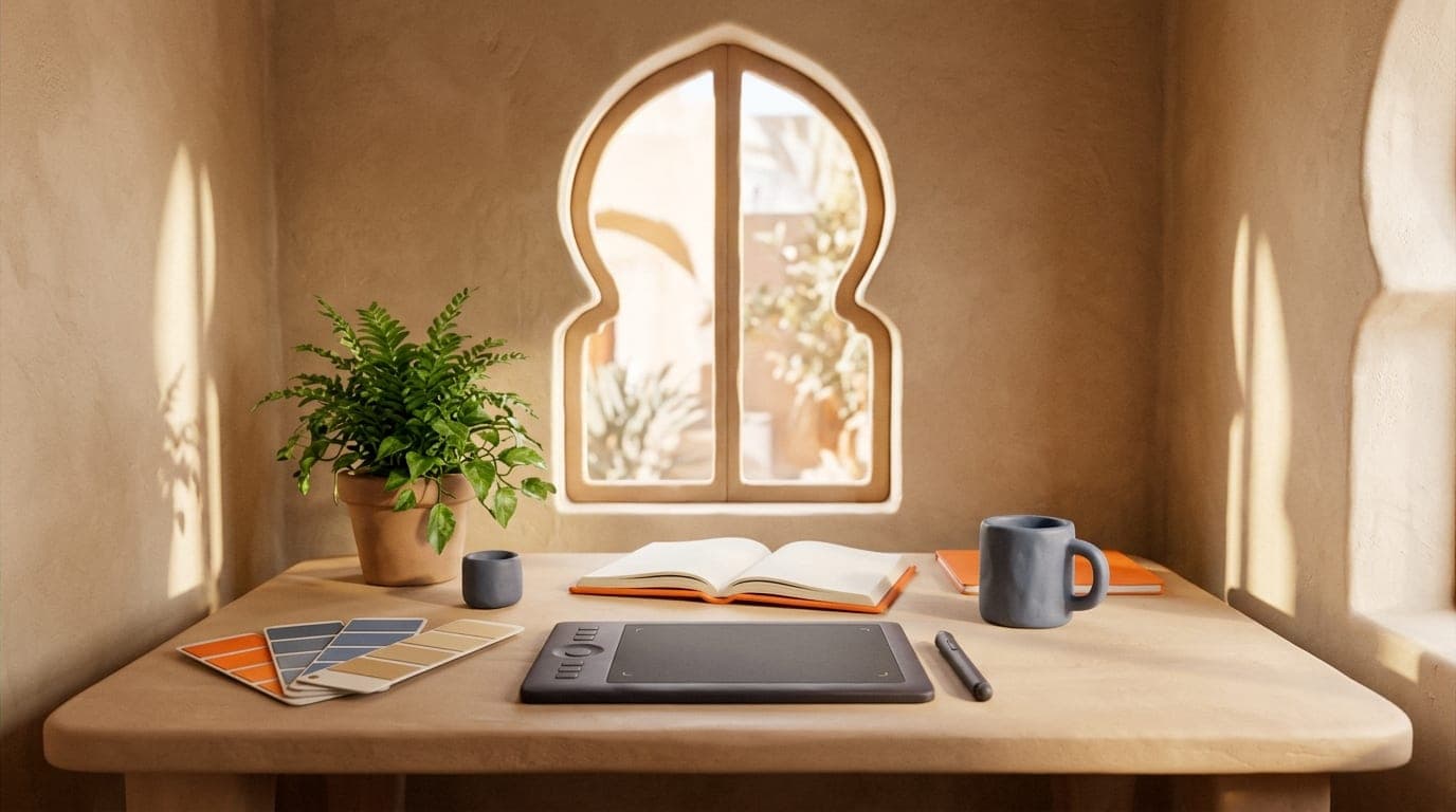 The Yassin Graph studio desk in Casablanca, graphics tablet and swatches under an arched window