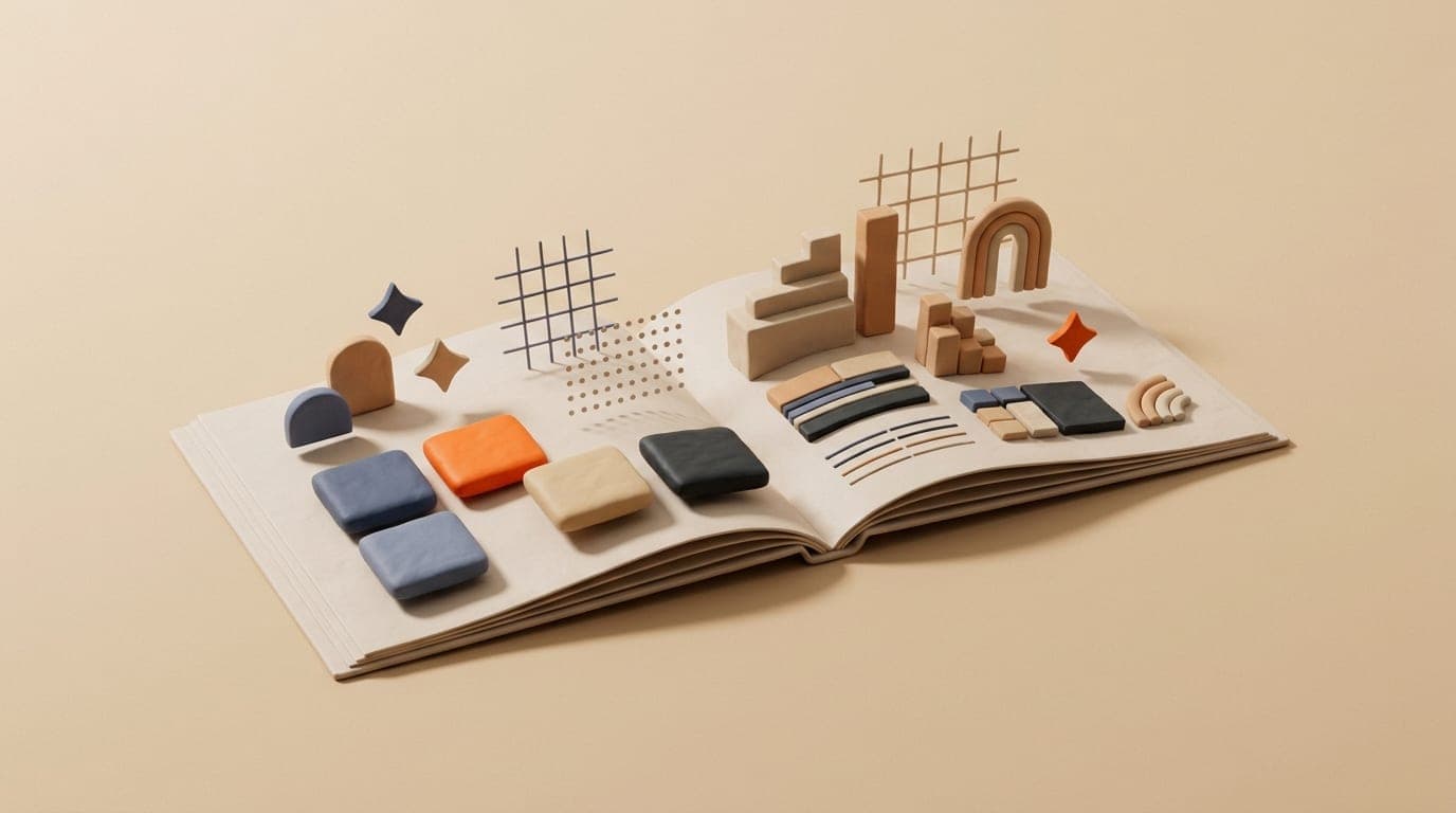 Open brand guidelines book with colour chips, typefaces and grids coming out of it