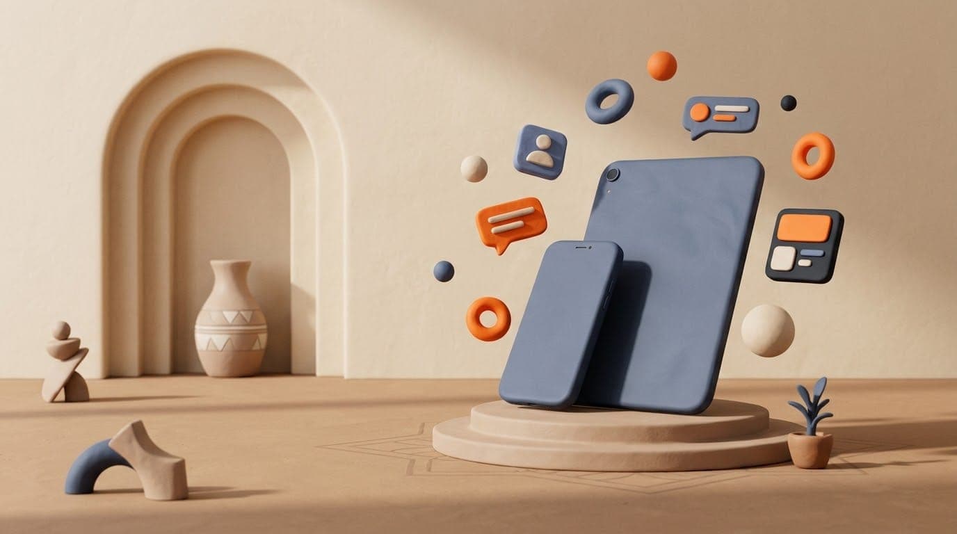 Premium smartphone and tablet surrounded by floating app icons
