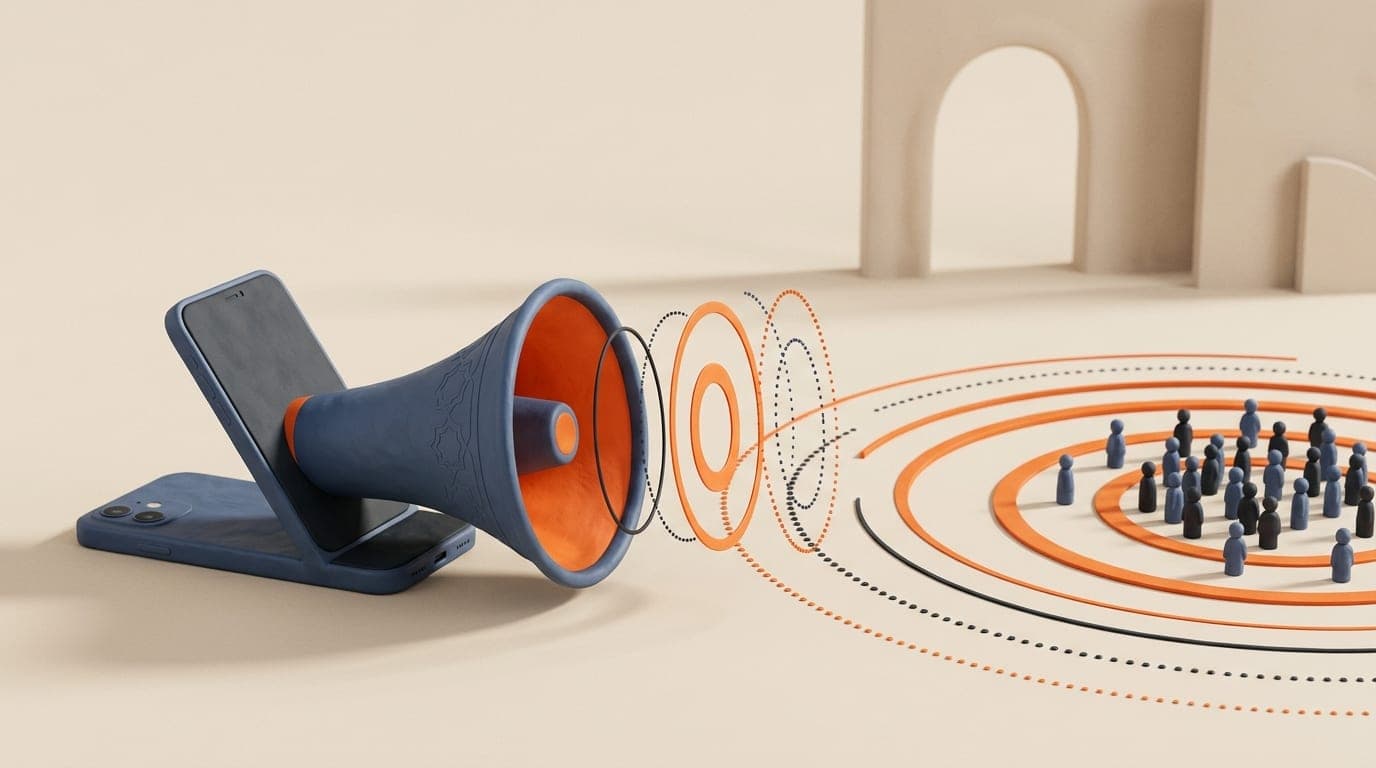 Megaphone-shaped smartphone projecting ad targeting circles